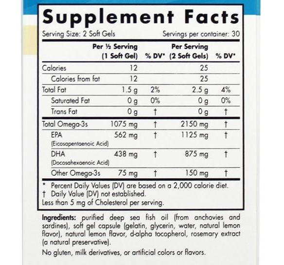 Nordic Naturals Ultimate Omega 2X: tabela Supplement Facts z amerykańskiej etykiety, 2150 mg omega-3 w 2 kapsułkach